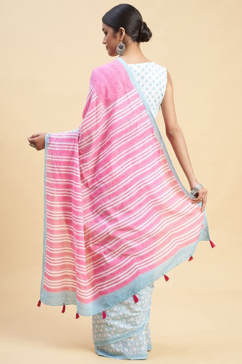 Sooti Syahi "Paradise Pink" Handblock Print Mul Cotton Saree