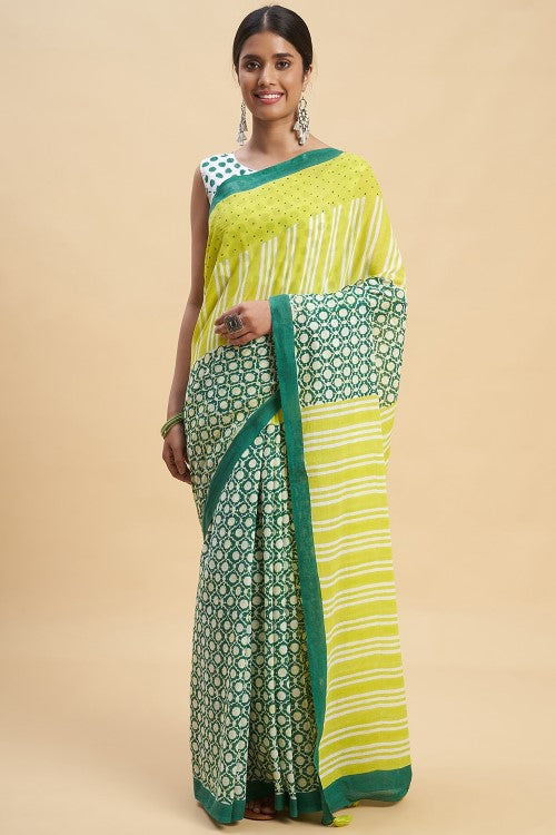Sooti Syahi Paradise Green Block Print Cotton Saree Online