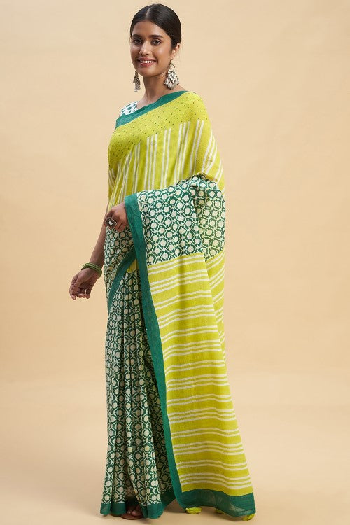 Sooti Syahi Paradise Green Block Print Cotton Saree Online