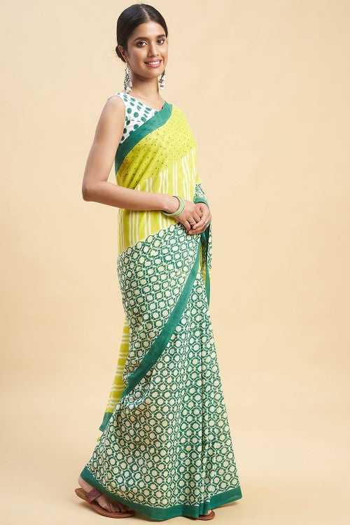 Sooti Syahi "Paradise Green" Handblock Print Mul Cotton Saree