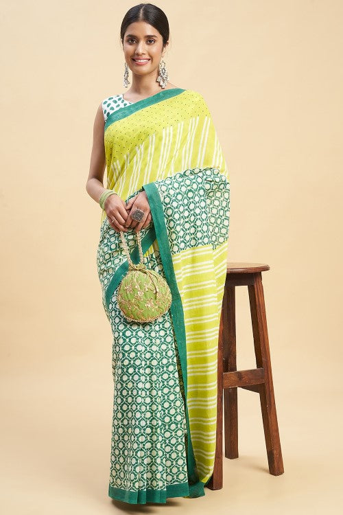 Sooti Syahi "Paradise Green" Handblock Print Mul Cotton Saree