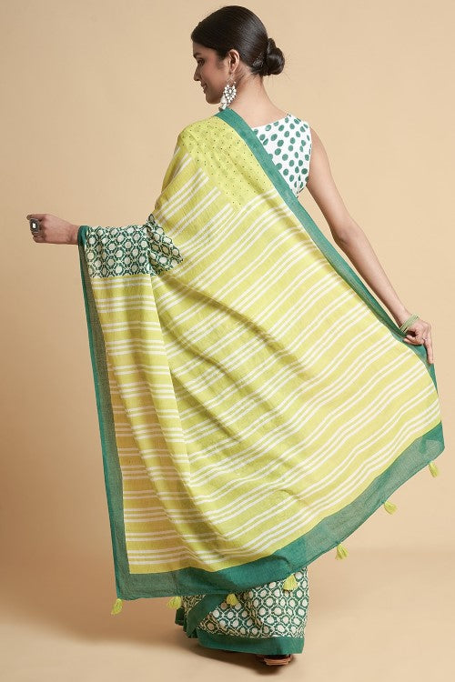 Sooti Syahi "Paradise Green" Handblock Print Mul Cotton Saree