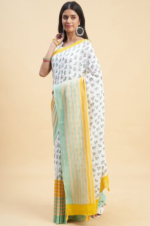Sooti Syahi Little Green Penguins Print Cotton Saree Online