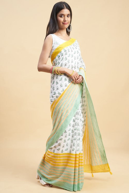 Sooti Syahi "Little Green Penguins"Handblock Print Mul Cotton Saree