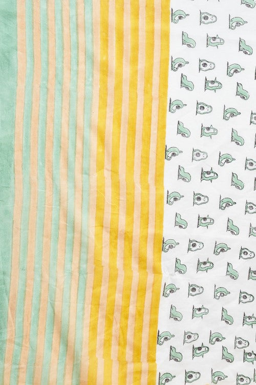 Sooti Syahi "Little Green Penguins"Handblock Print Mul Cotton Saree