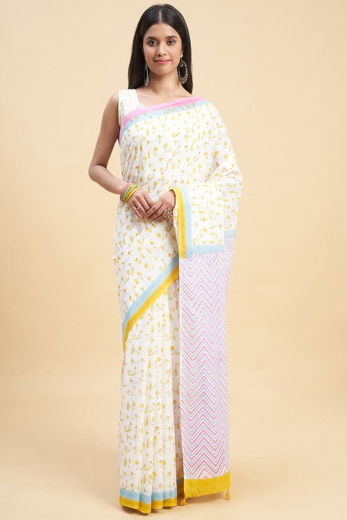 Sooti Syahi Kittens Yellow Block Print Cotton Saree Online