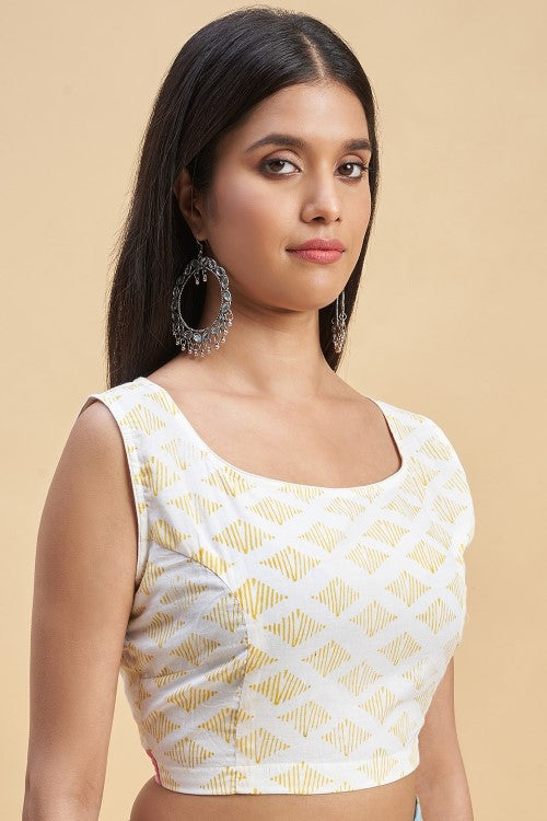 Sooti Syahi "Kittens Yellow" Handblock Print Mul Cotton Saree