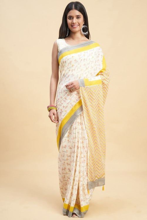Sooti Syahi Orange Kittens Block Print Cotton Saree Online
