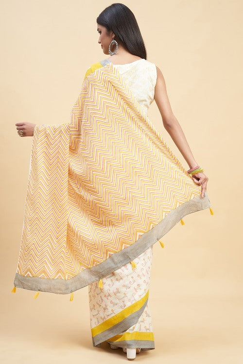 Sooti Syahi "Orange Kittens" Handblock Print Mul Cotton Saree