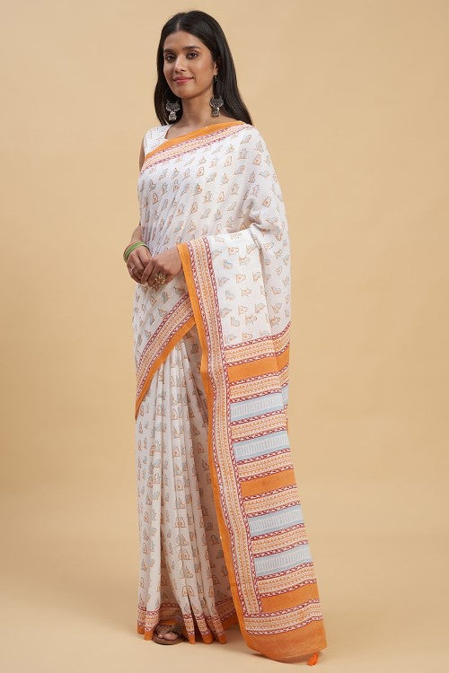 Sooti Syahi "Orange Penguins" Handblock Print Mul Cotton Saree