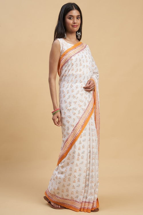 Sooti Syahi "Orange Penguins" Handblock Print Mul Cotton Saree