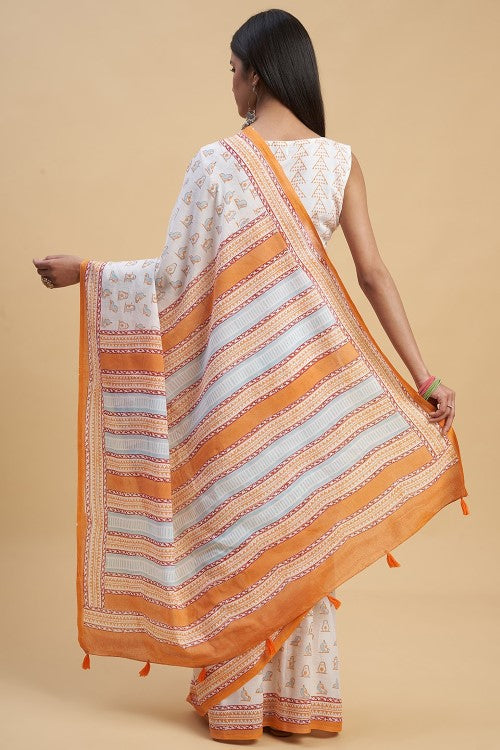 Sooti Syahi "Orange Penguins" Handblock Print Mul Cotton Saree
