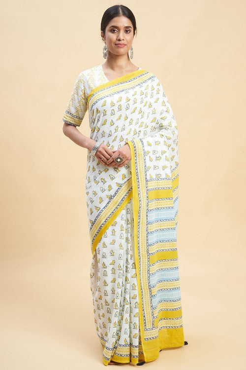 Sooti Syahi Yellow Penguins Handblock Print Cotton Saree Online