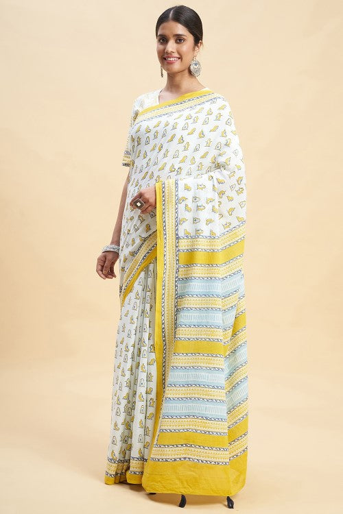 Sooti Syahi "Yellow Penguins" Block Printed Cotton Saree