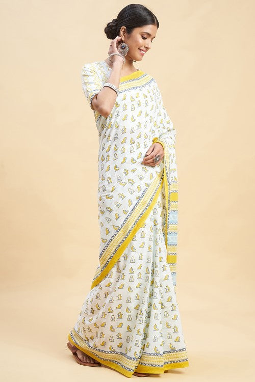 Sooti Syahi "Yellow Penguins" Block Printed Cotton Saree