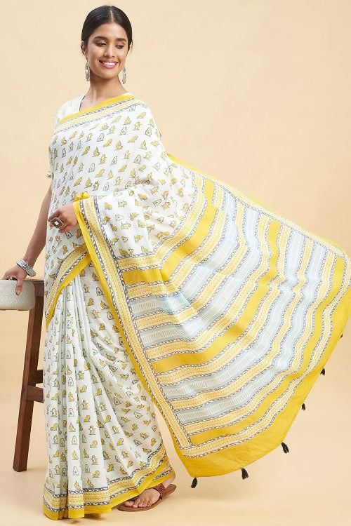 Sooti Syahi Yellow Penguins Handblock Print Cotton Saree Online