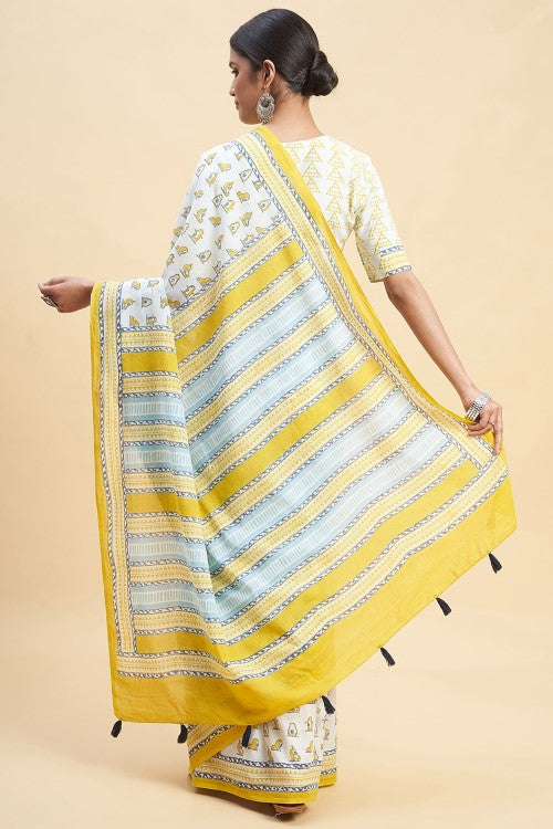 Sooti Syahi "Yellow Penguins" Block Printed Cotton Saree