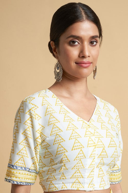 Sooti Syahi "Yellow Penguins" Block Printed Cotton Saree