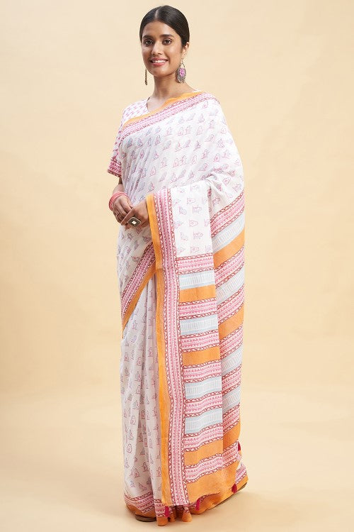 Sooti Syahi "Pink Penguins'' Block Printed Cotton Saree