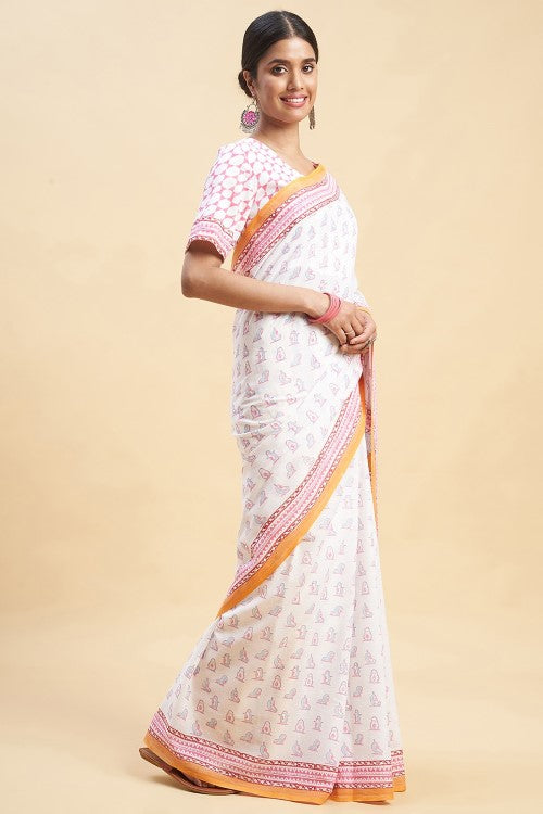 Sooti Syahi "Pink Penguins'' Block Printed Cotton Saree
