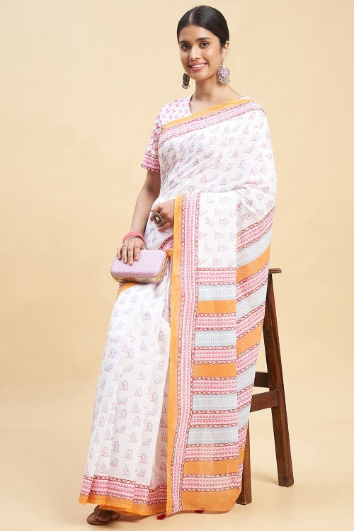 Sooti Syahi "Pink Penguins'' Block Printed Cotton Saree