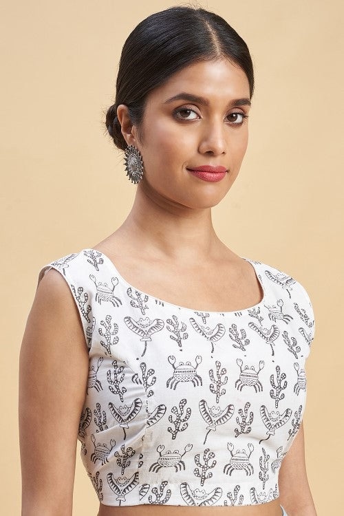 Sooti Syahi "Crab In Orange" Handblock Print Mul Cotton Saree