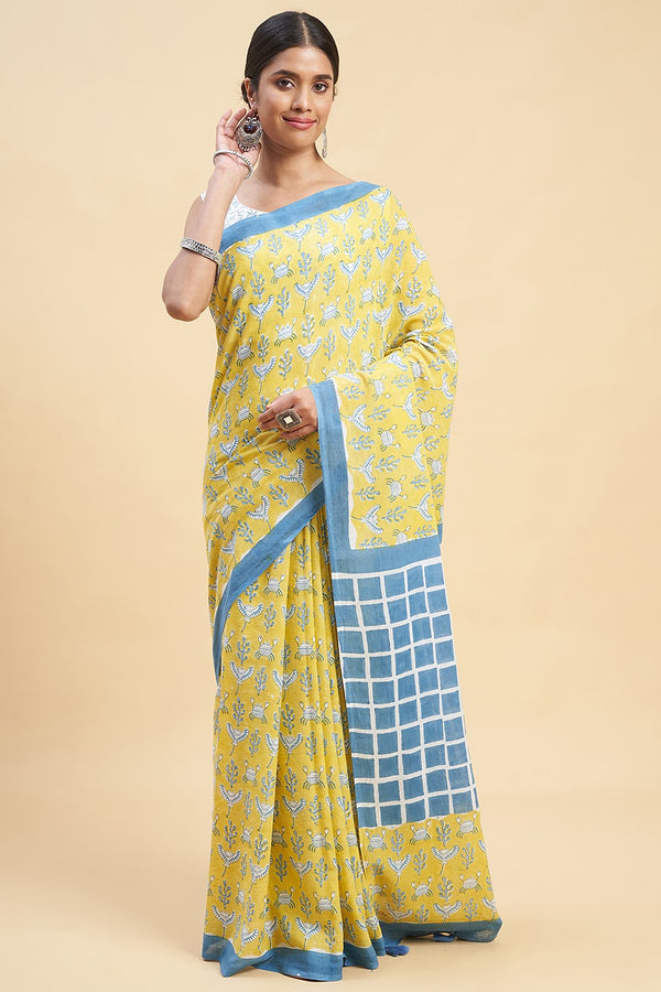 Sooti Syahi Crab In Yellow Block Print Cotton Saree Online