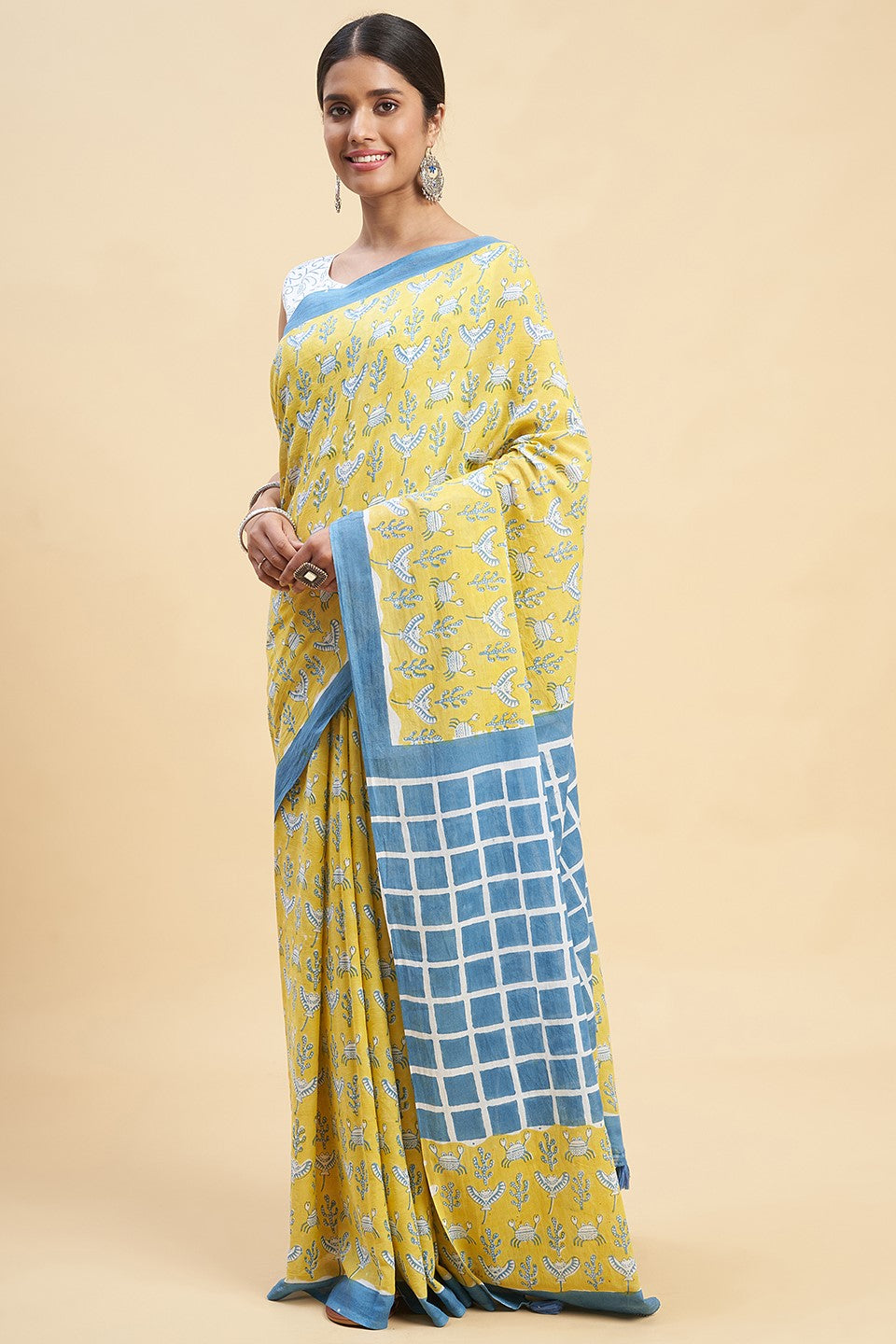 Sooti Syahi "Crab In Yellow" Block Printed Cotton Saree
