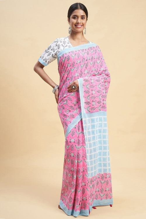 Sooti Syahi Crab In Pink Block Print Cotton Saree Online