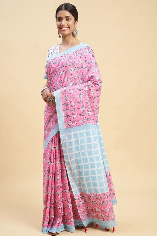 Sooti Syahi Crab In Pink Block Print Cotton Saree Online