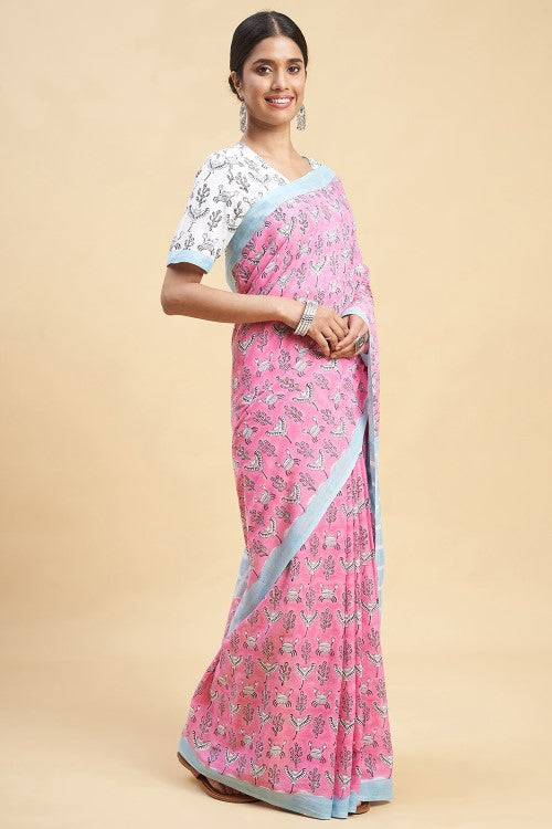 Sooti Syahi "Crab In Pink'' Block Printed Cotton Saree