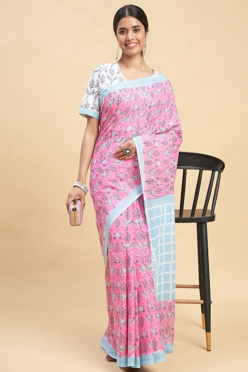 Sooti Syahi "Crab In Pink'' Block Printed Cotton Saree