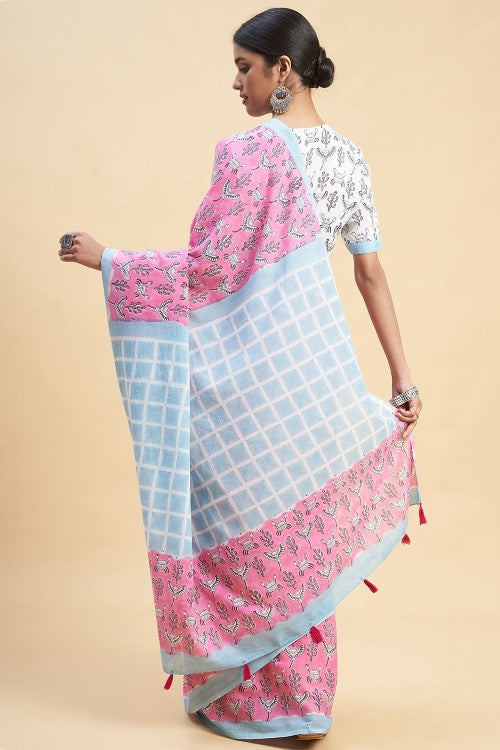 Sooti Syahi "Crab In Pink'' Block Printed Cotton Saree