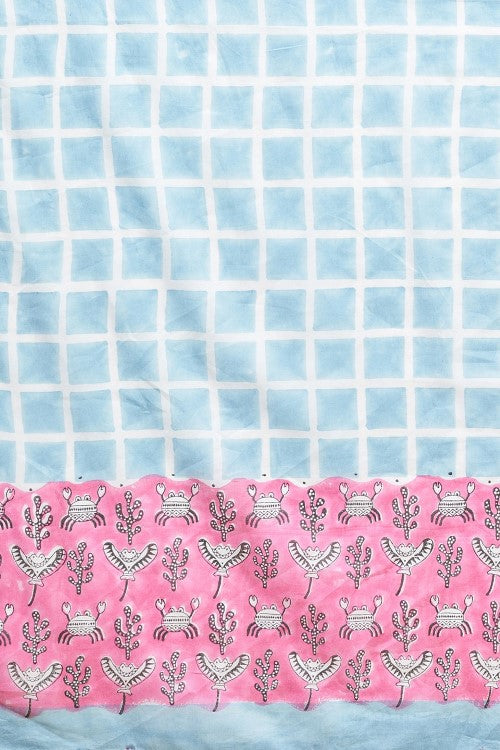 Sooti Syahi "Crab In Pink'' Block Printed Cotton Saree