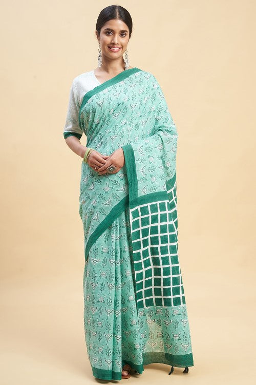Sooti Syahi Crab In Green Block Print Cotton Saree Online