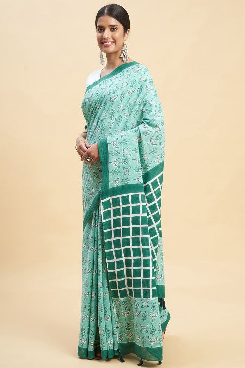 Sooti Syahi "Crab In Green'' Block Printed Cotton Saree