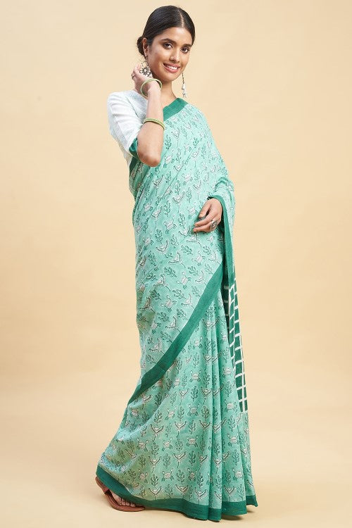 Sooti Syahi "Crab In Green'' Block Printed Cotton Saree