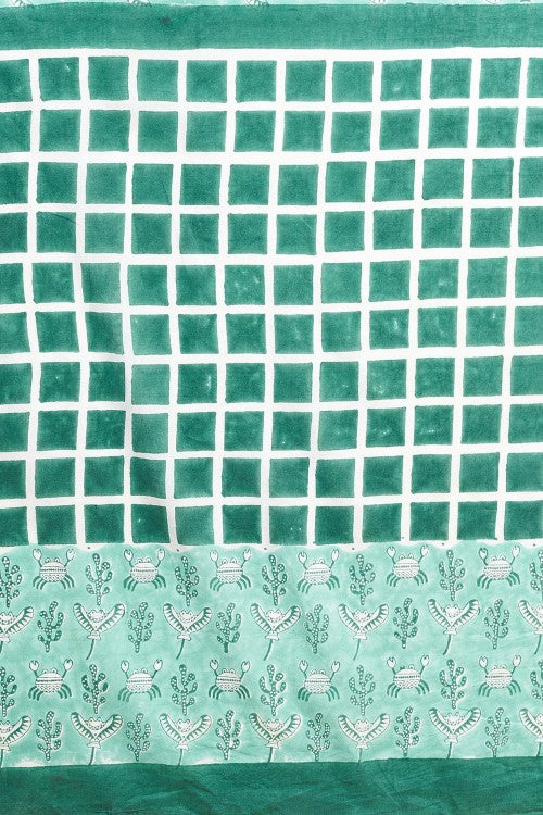 Sooti Syahi Crab In Green Block Print Cotton Saree Online