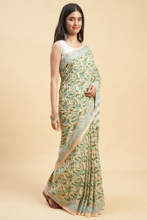 Sooti Syahi "Autumnal Peach'' Block Printed Cotton Saree
