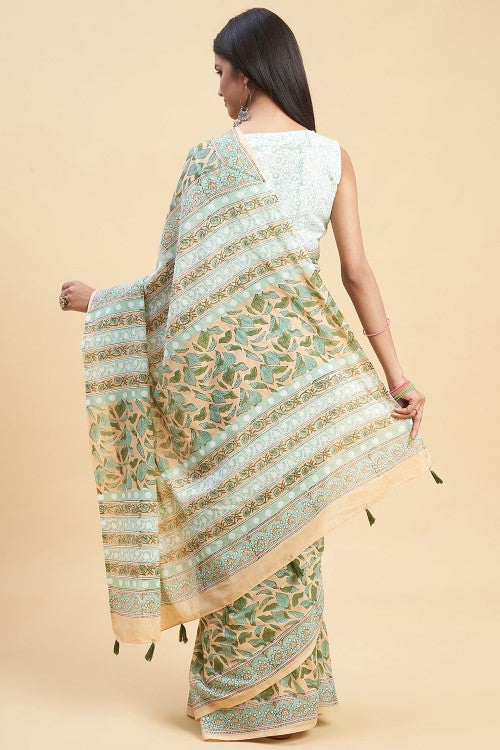 Sooti Syahi "Autumnal Peach'' Block Printed Cotton Saree