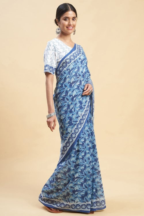 Sooti Syahi "Autumnal Blue'' Block Printed Cotton Saree