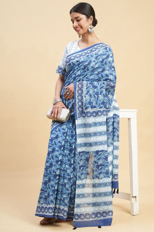 Sooti Syahi Autumnal Blue Block Print Cotton Saree Online