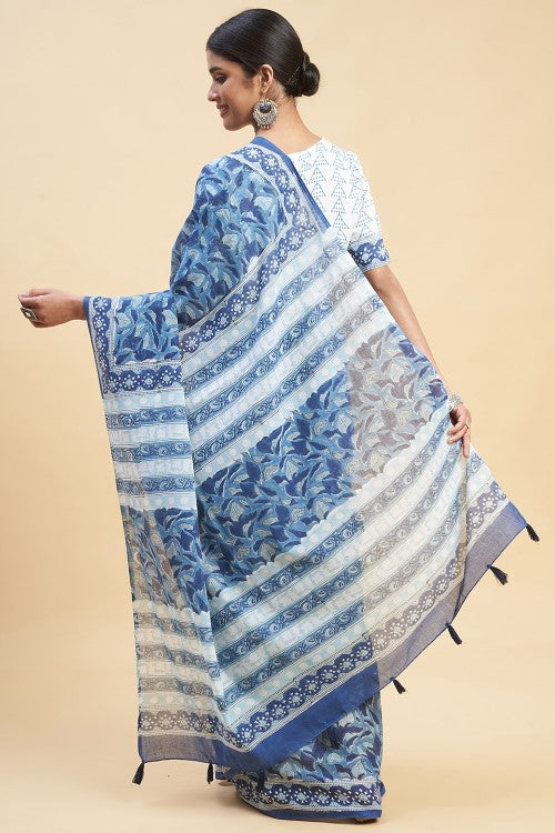 Sooti Syahi "Autumnal Blue'' Block Printed Cotton Saree