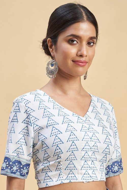 Sooti Syahi "Autumnal Blue'' Block Printed Cotton Saree