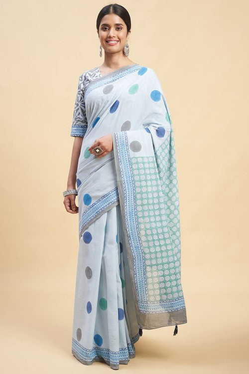 Sooti Syahi Ocean Blue Pearls Block Print Cotton Saree Online