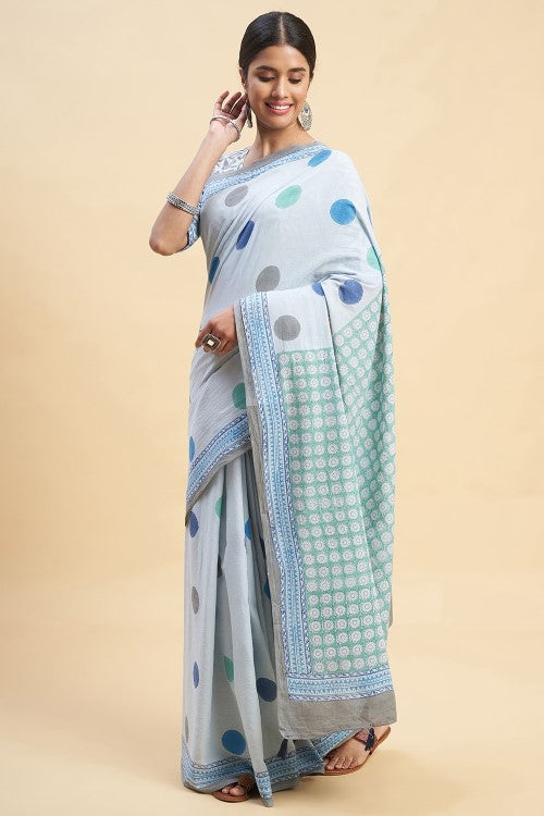 Sooti Syahi Ocean Blue Pearls Block Print Cotton Saree Online