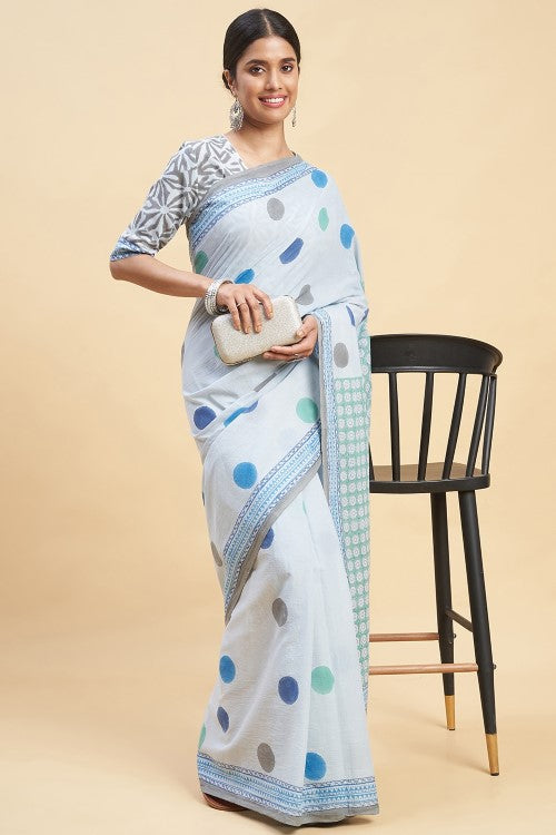 Sooti Syahi "Ocean Blue Pearls" Block Printed Cotton Saree