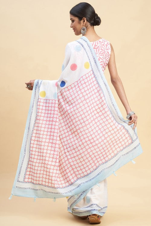Sooti Syahi "Ocean Pearls'' Block Printed Cotton Saree