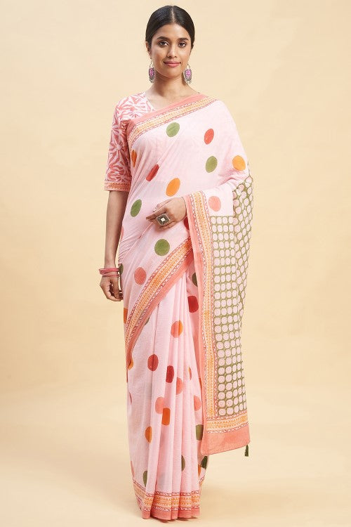 Sooti Syahi Ocean Pink Pearls Block Print Cotton Saree Online