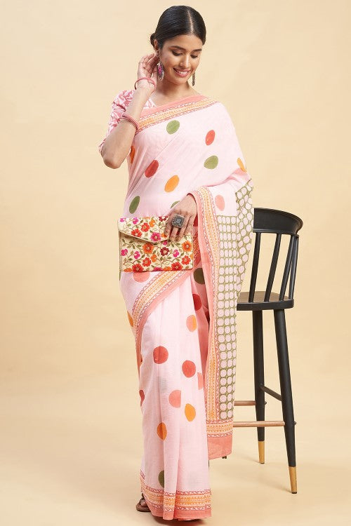 Sooti Syahi "Ocean Pink Pearls'' Block Printed Cotton Saree